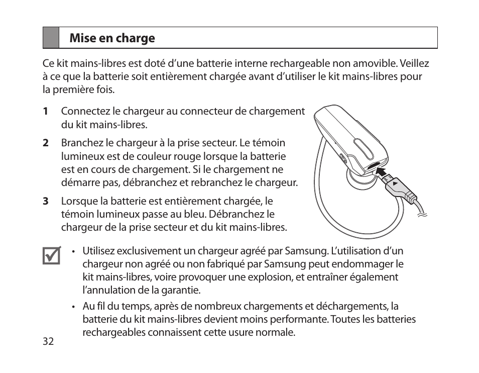 Mise en charge | Samsung HM1800 User Manual | Page 35 / 135