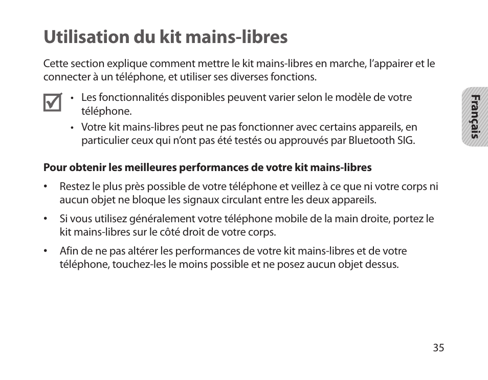 Utilisation du kit mains-libres | Samsung HM1800 User Manual | Page 38 / 135