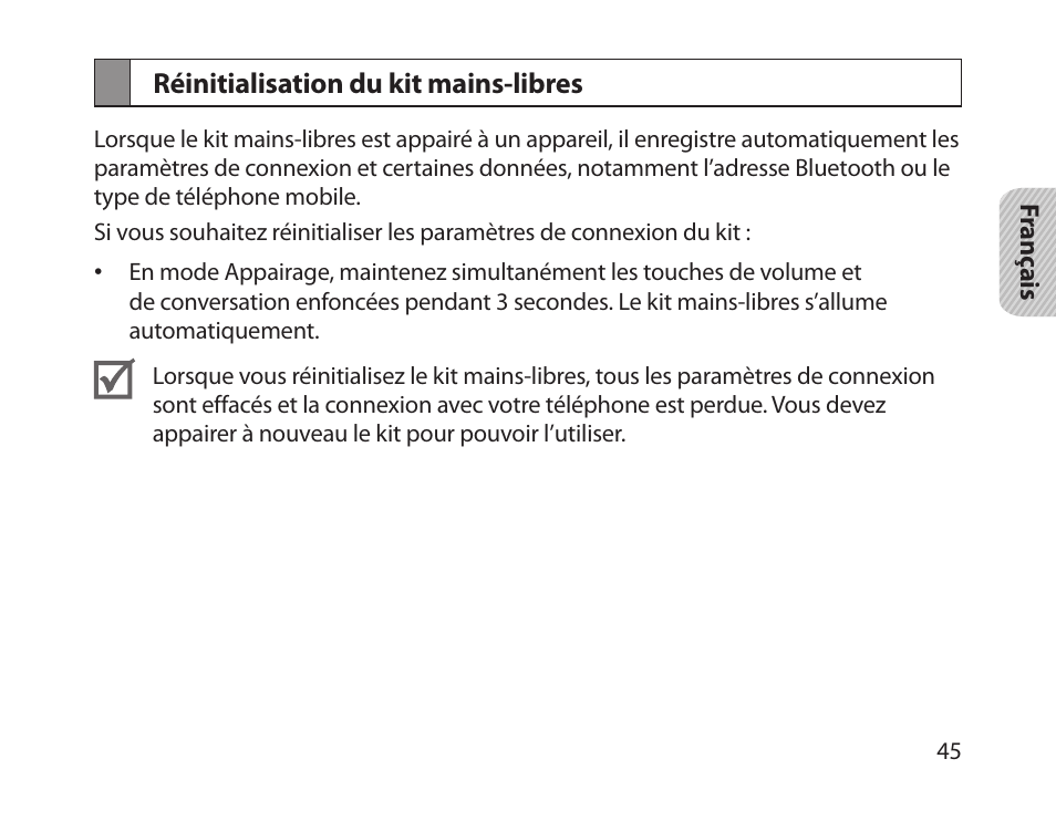 Réinitialisation du kit mains-libres | Samsung HM1800 User Manual | Page 48 / 135