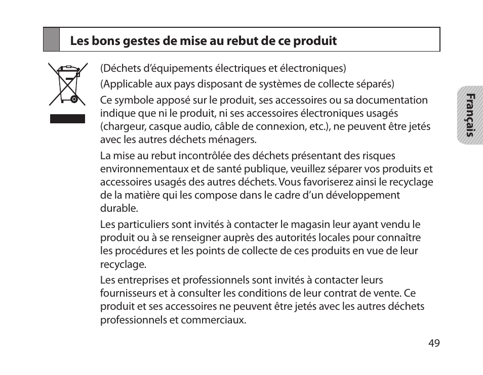 Les bons gestes de mise au rebut de ce produit | Samsung HM1800 User Manual | Page 52 / 135