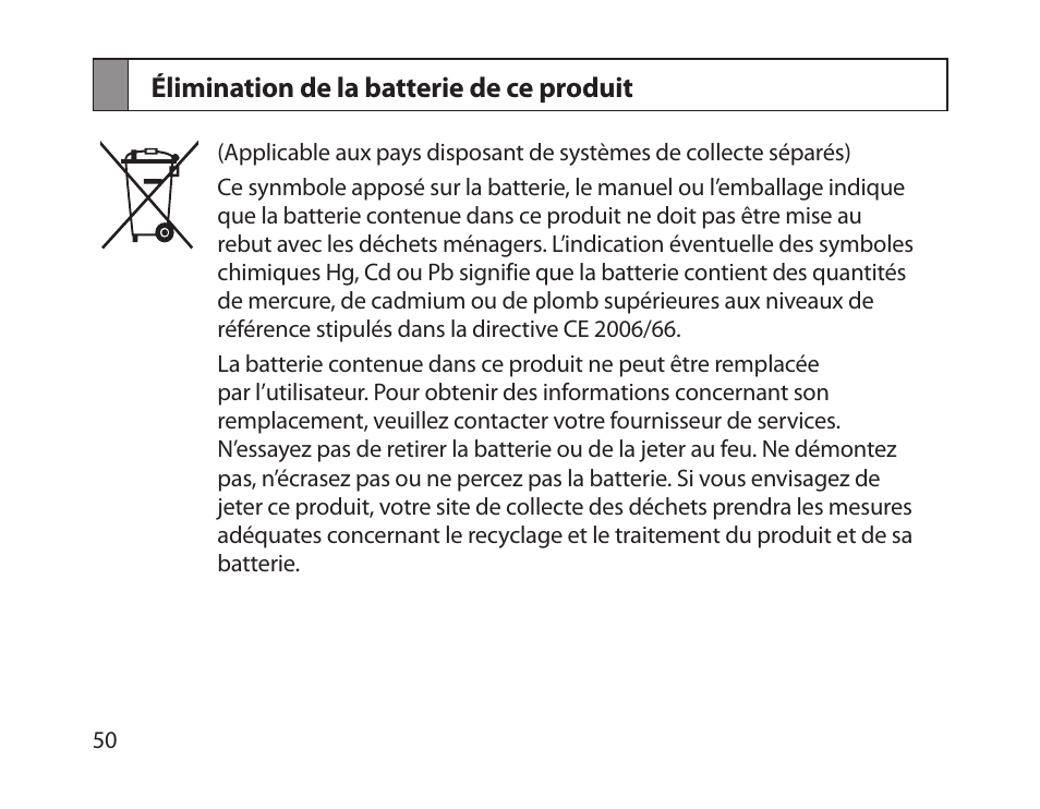 Élimination de la batterie de ce produit | Samsung HM1800 User Manual | Page 53 / 135