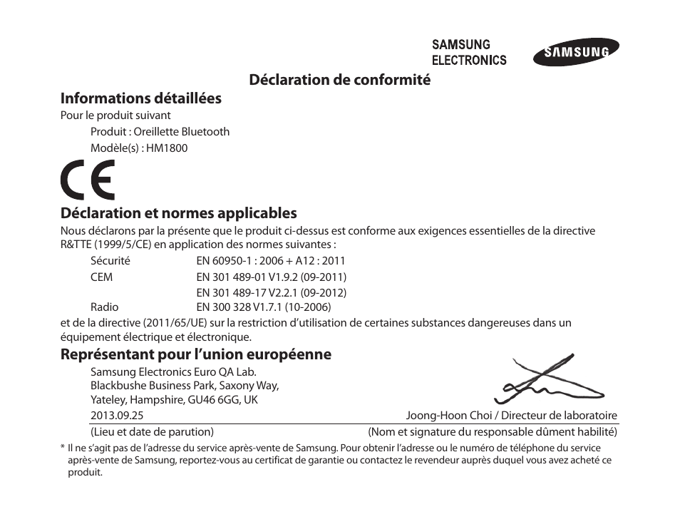 Déclaration de conformité informations détaillées, Déclaration et normes applicables, Représentant pour l’union européenne | Samsung HM1800 User Manual | Page 55 / 135