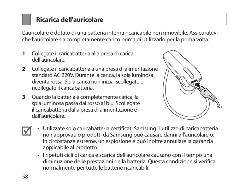 Ricarica dell'auricolare | Samsung HM1800 User Manual | Page 61 / 135