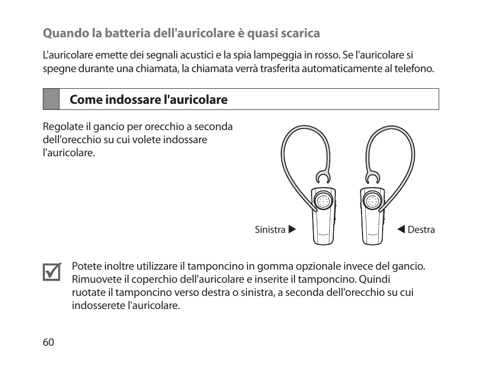 Come indossare l'auricolare | Samsung HM1800 User Manual | Page 63 / 135