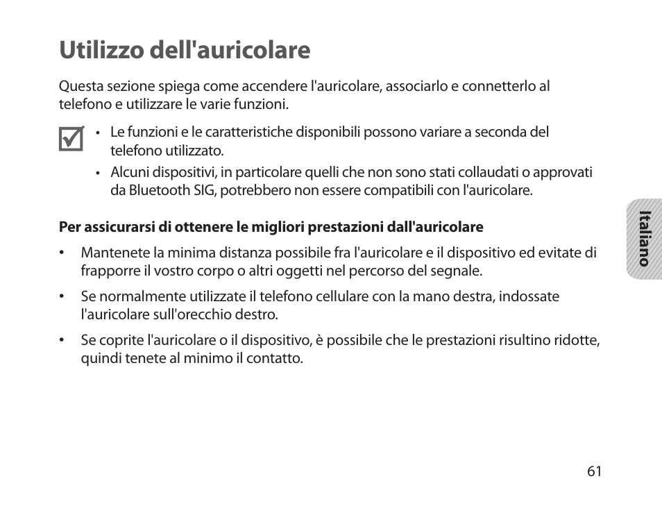 Utilizzo dell'auricolare | Samsung HM1800 User Manual | Page 64 / 135