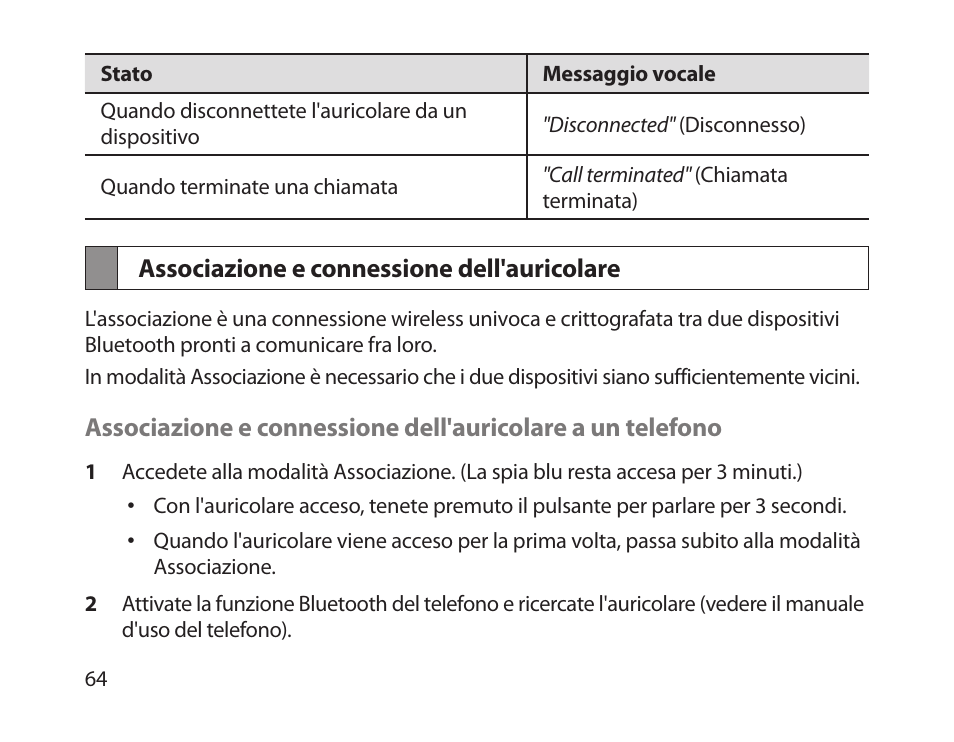 Associazione e connessione dell'auricolare | Samsung HM1800 User Manual | Page 67 / 135