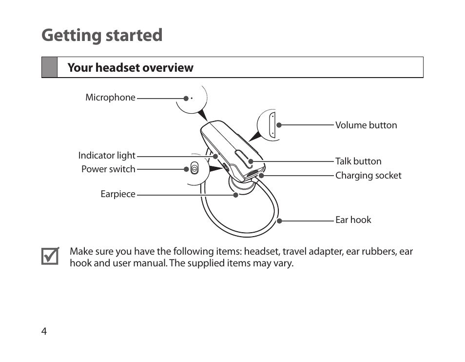 Getting started, Your headset overview | Samsung HM1800 User Manual | Page 7 / 135