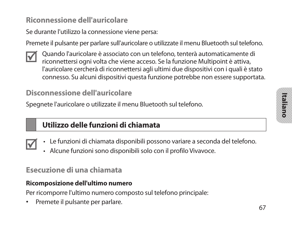 Utilizzo delle funzioni di chiamata | Samsung HM1800 User Manual | Page 70 / 135