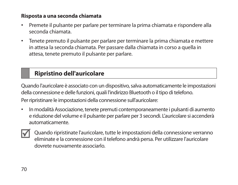 Ripristino dell'auricolare | Samsung HM1800 User Manual | Page 73 / 135