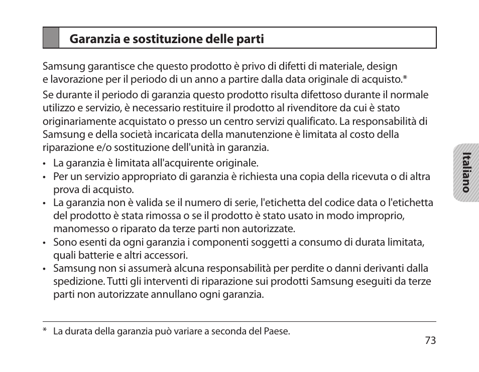 Garanzia e sostituzione delle parti | Samsung HM1800 User Manual | Page 76 / 135