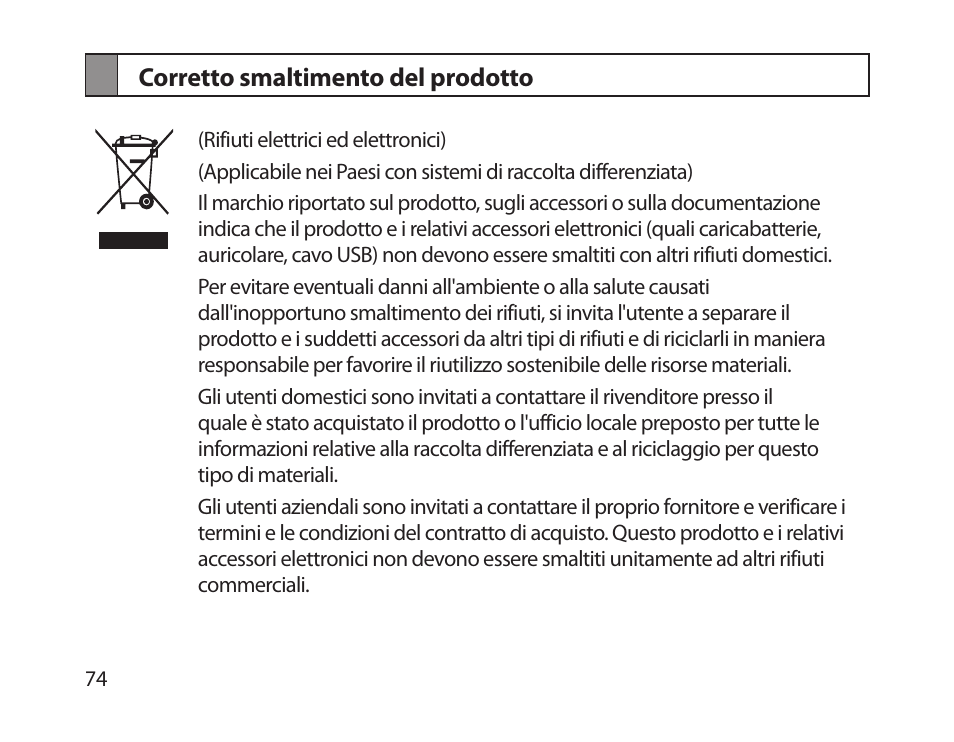 Corretto smaltimento del prodotto | Samsung HM1800 User Manual | Page 77 / 135