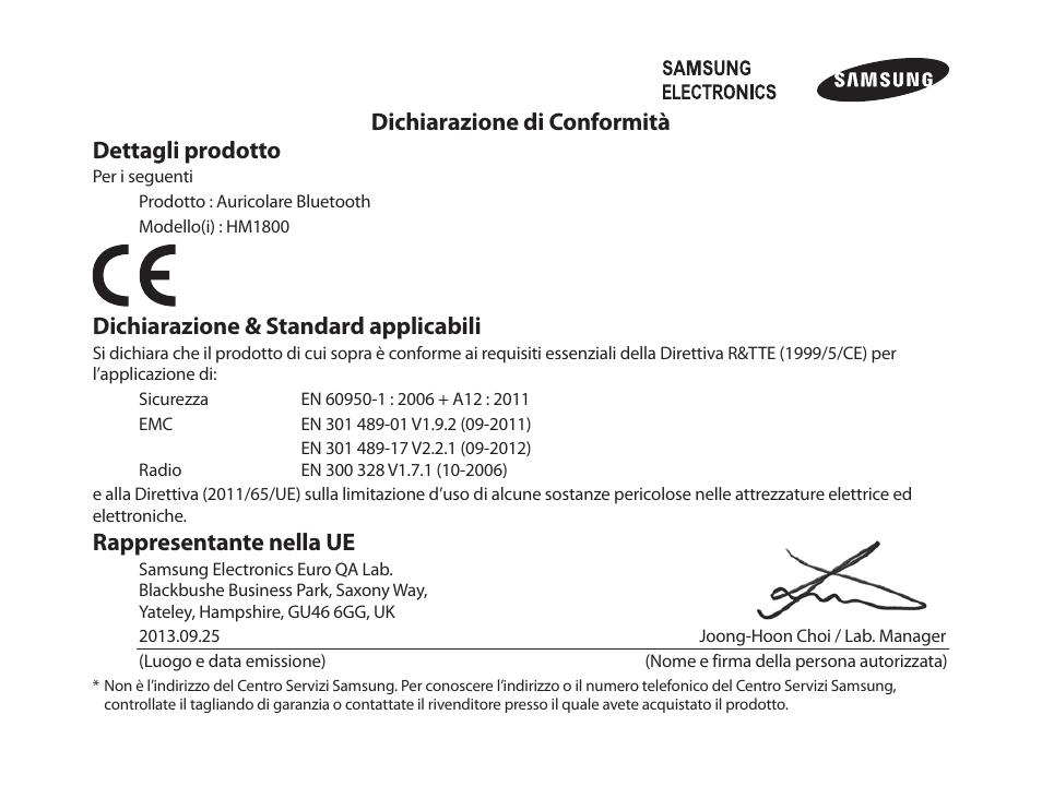 Dichiarazione di conformità dettagli prodotto, Dichiarazione & standard applicabili, Rappresentante nella ue | Samsung HM1800 User Manual | Page 80 / 135