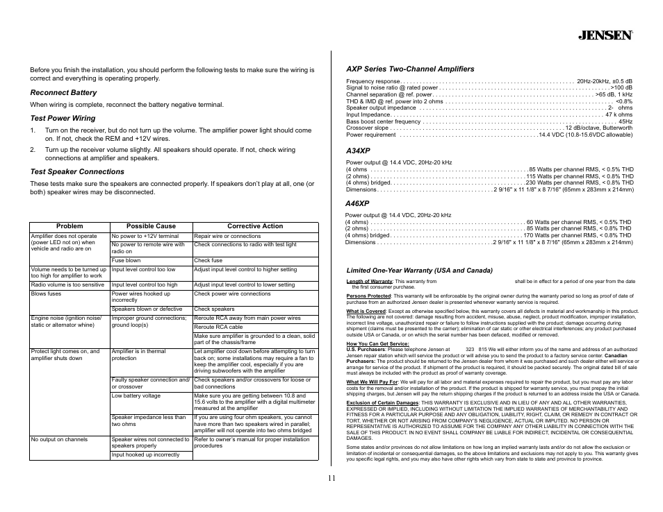 Testing, Reconnect battery, Test power wiring | Test speaker connections, Troubleshooting, Specifications, Axp series two-channel amplifiers, A34xp, Warranty, Limited one-year warranty (usa and canada) | Audiovox A34XP User Manual | Page 11 / 13