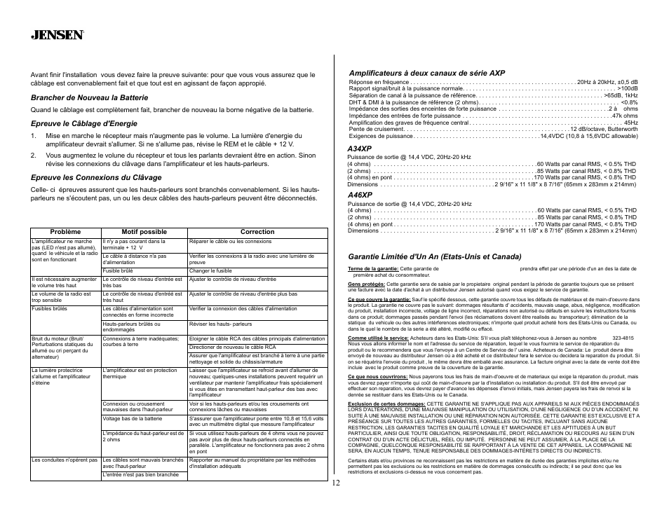 Preuves, Brancher de nouveau la batterie, Epreuve le câblage d'energie | Epreuve les connexions du clâvage, Localisations de problèmes, A34xp, A46xp, Spécifications, Amplificateurs à deux canaux de série axp, Garantie | Audiovox A34XP User Manual | Page 12 / 13