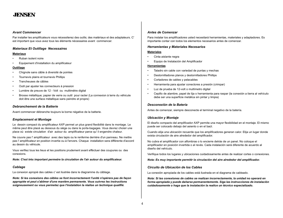 Instalación, Antes de comenzar, Herramientas y materiales necesarios | Desconexión de la batería, Ubicación y montaje, Circuito de ubicación de los cables, Installation, Avant commencer, Materiaux et outillage necessaires, Debranchement de la batterie | Audiovox A34XP User Manual | Page 4 / 13