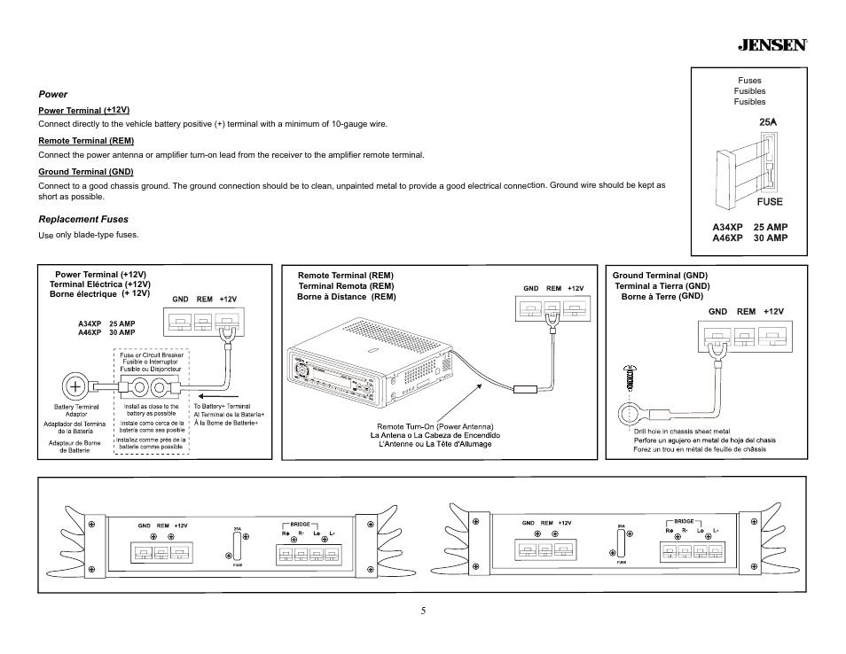 Wiring, Power, Replacement fuses | A34xp a46xp, A34xp & a46xp | Audiovox A34XP User Manual | Page 5 / 13