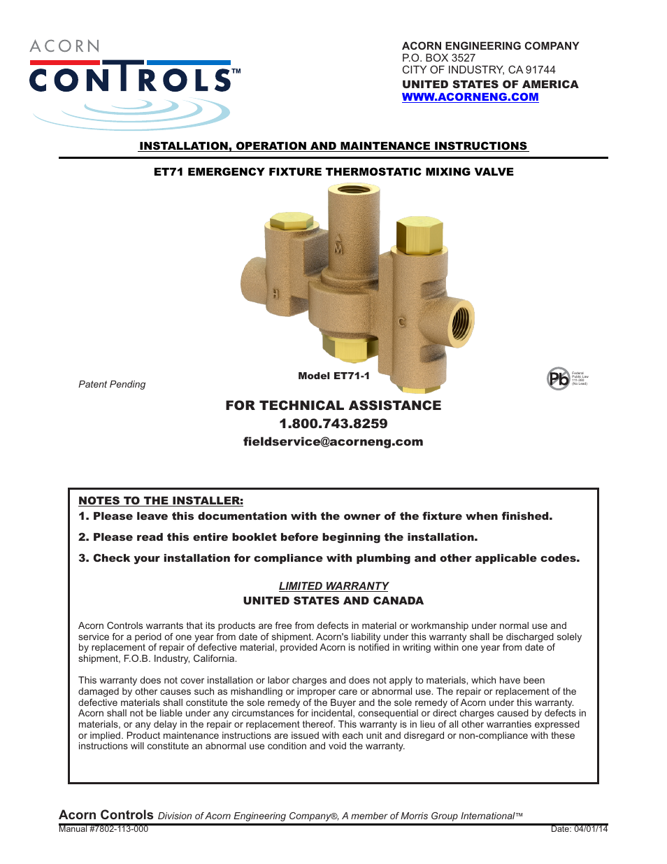 Acorn ET71 VALVE User Manual | 7 pages