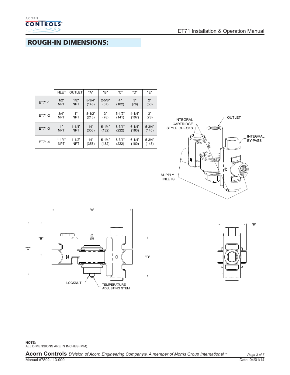 Rough-in dimensions, Acorn controls, Et71 installation & operation manual | Acorn ET71 VALVE User Manual | Page 3 / 7