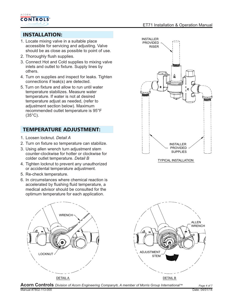 Installation: temperature adjustment | Acorn ET71 VALVE User Manual | Page 4 / 7