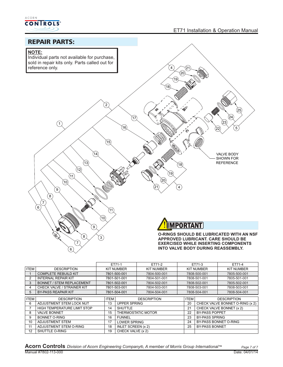 Important, Repair parts, Acorn controls | Et71 installation & operation manual | Acorn ET71 VALVE User Manual | Page 7 / 7