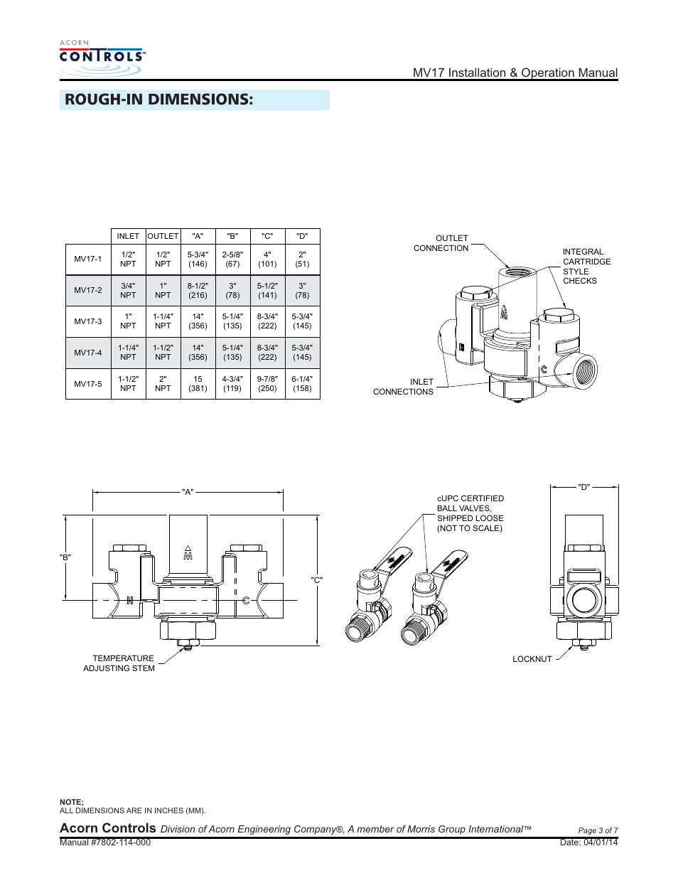 Rough-in dimensions, Acorn controls, Mv17 installation & operation manual | Acorn MV17 VALVE User Manual | Page 3 / 7