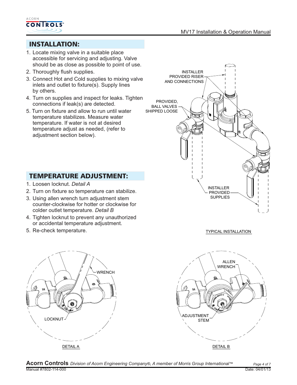 Installation: temperature adjustment, Acorn controls | Acorn MV17 VALVE User Manual | Page 4 / 7