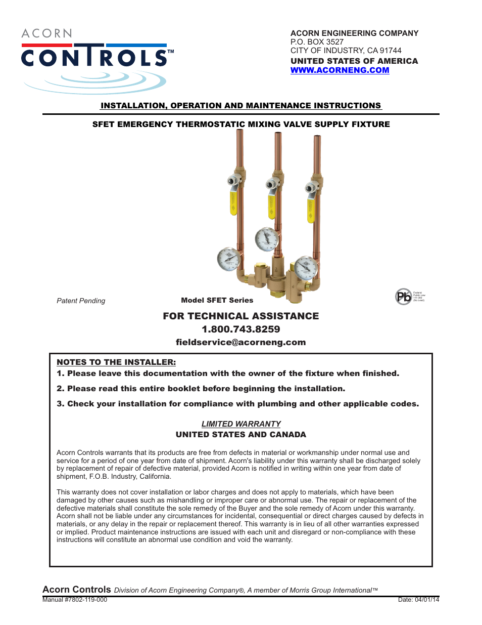 Acorn SFET VALVE User Manual | 7 pages