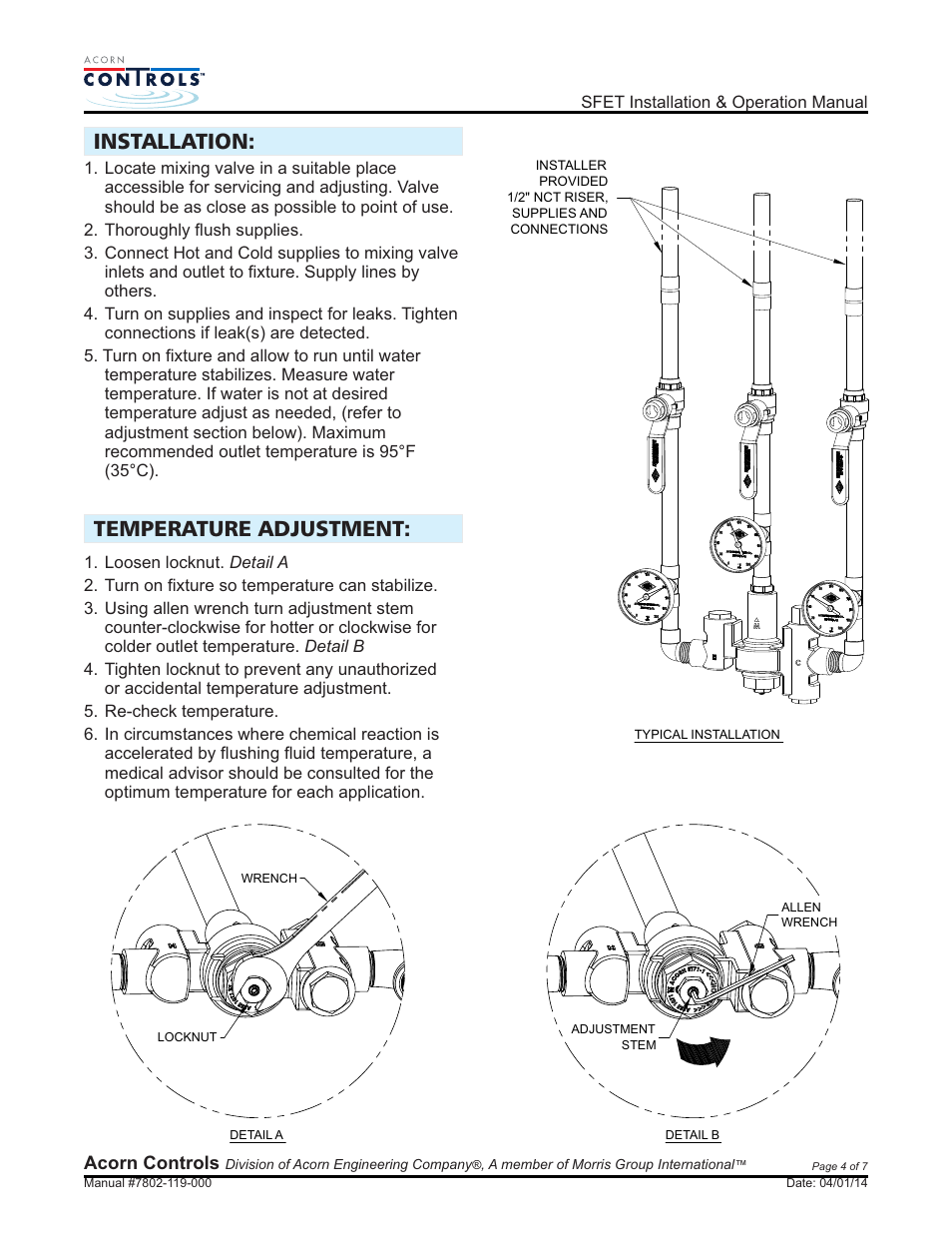 Installation: temperature adjustment | Acorn SFET VALVE User Manual | Page 4 / 7