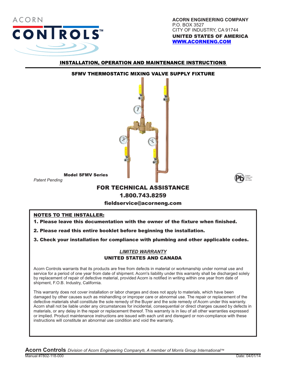 Acorn SFMV VALVE User Manual | 8 pages