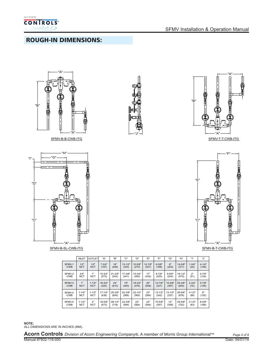 Rough-in dimensions, Acorn controls, Sfmv installation & operation manual | Division of acorn engineering company, A member of morris group international | Acorn SFMV VALVE User Manual | Page 4 / 8