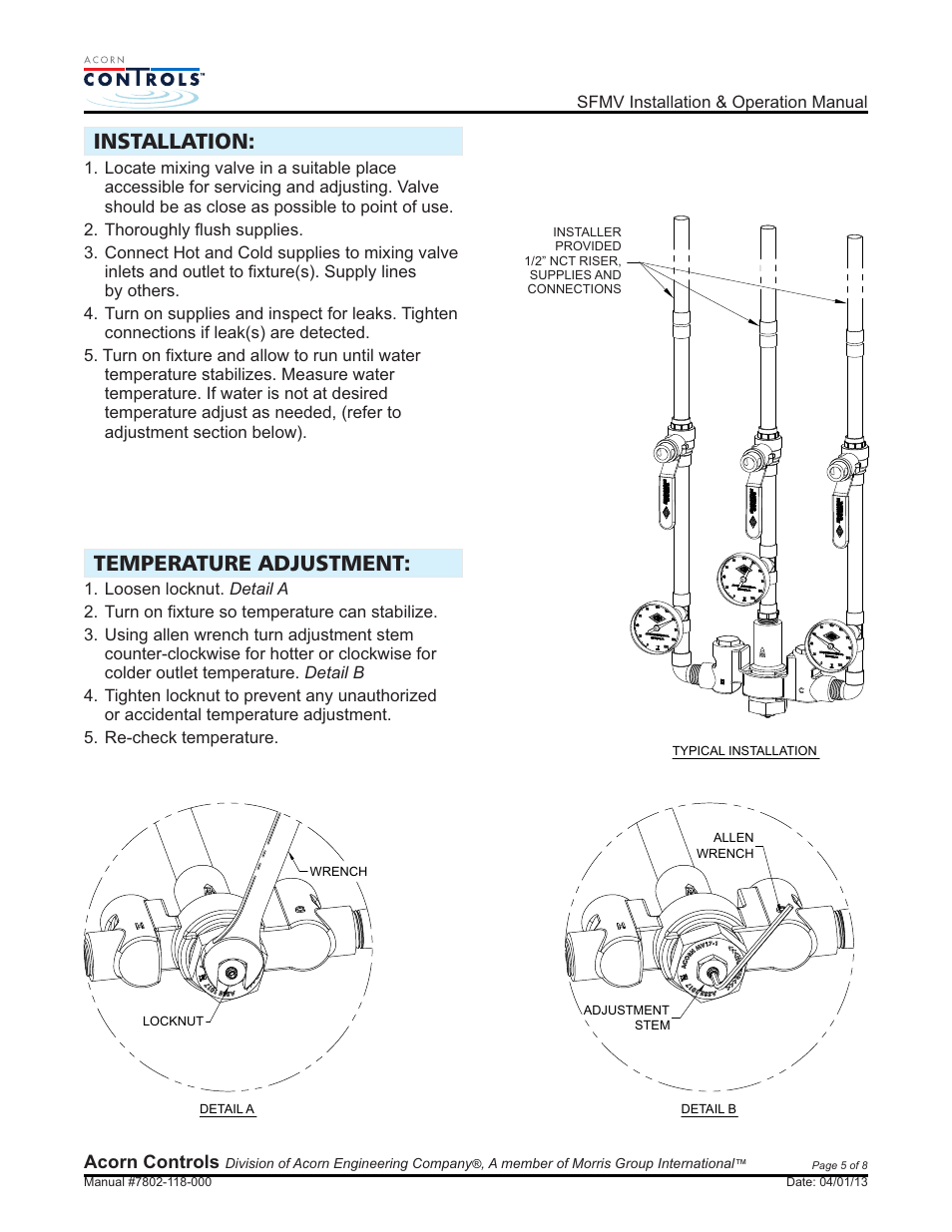 Installation: temperature adjustment | Acorn SFMV VALVE User Manual | Page 5 / 8