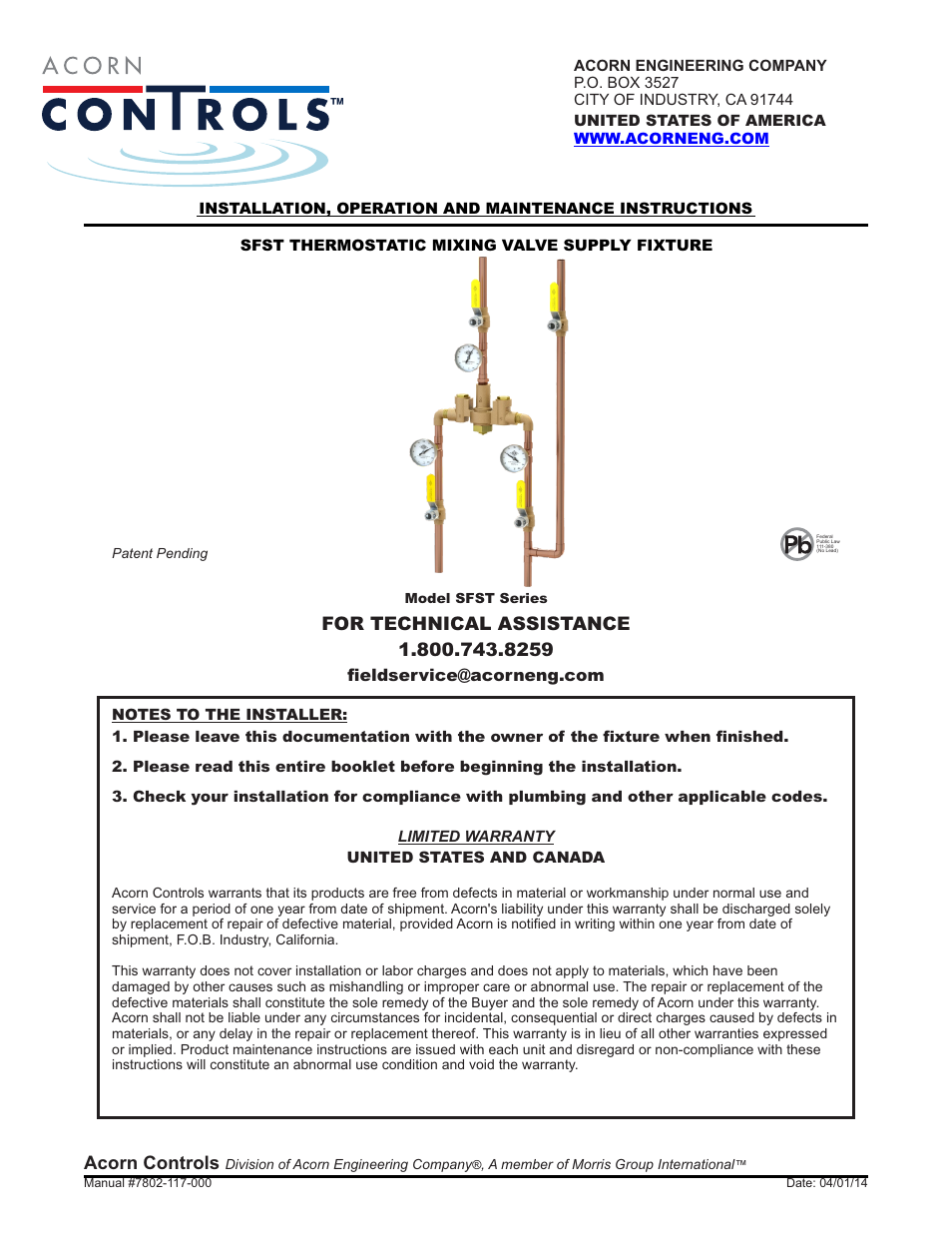 Acorn SFST VALVE User Manual | 8 pages