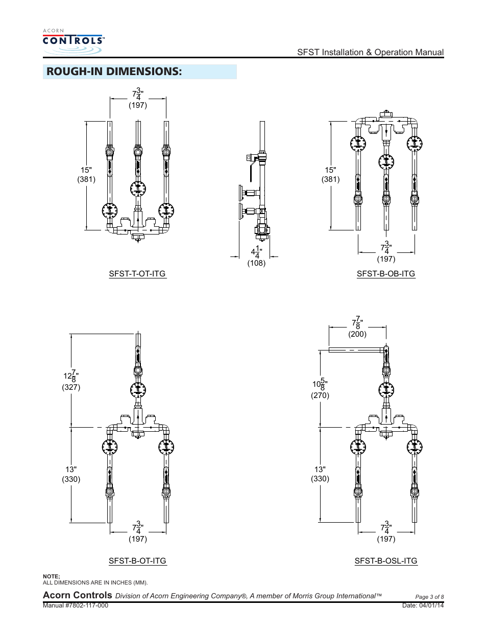Rough-in dimensions | Acorn SFST VALVE User Manual | Page 3 / 8