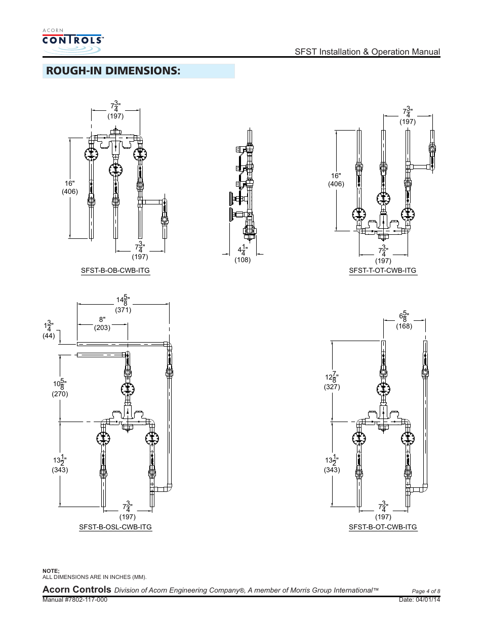 Rough-in dimensions, Acorn controls, Sfst installation & operation manual | Acorn SFST VALVE User Manual | Page 4 / 8
