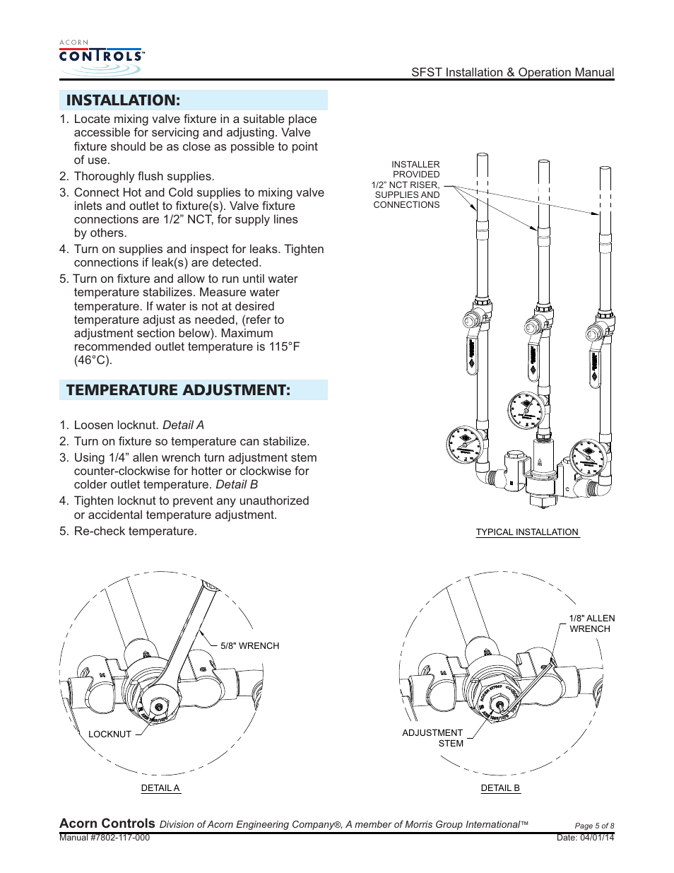 Installation: temperature adjustment | Acorn SFST VALVE User Manual | Page 5 / 8