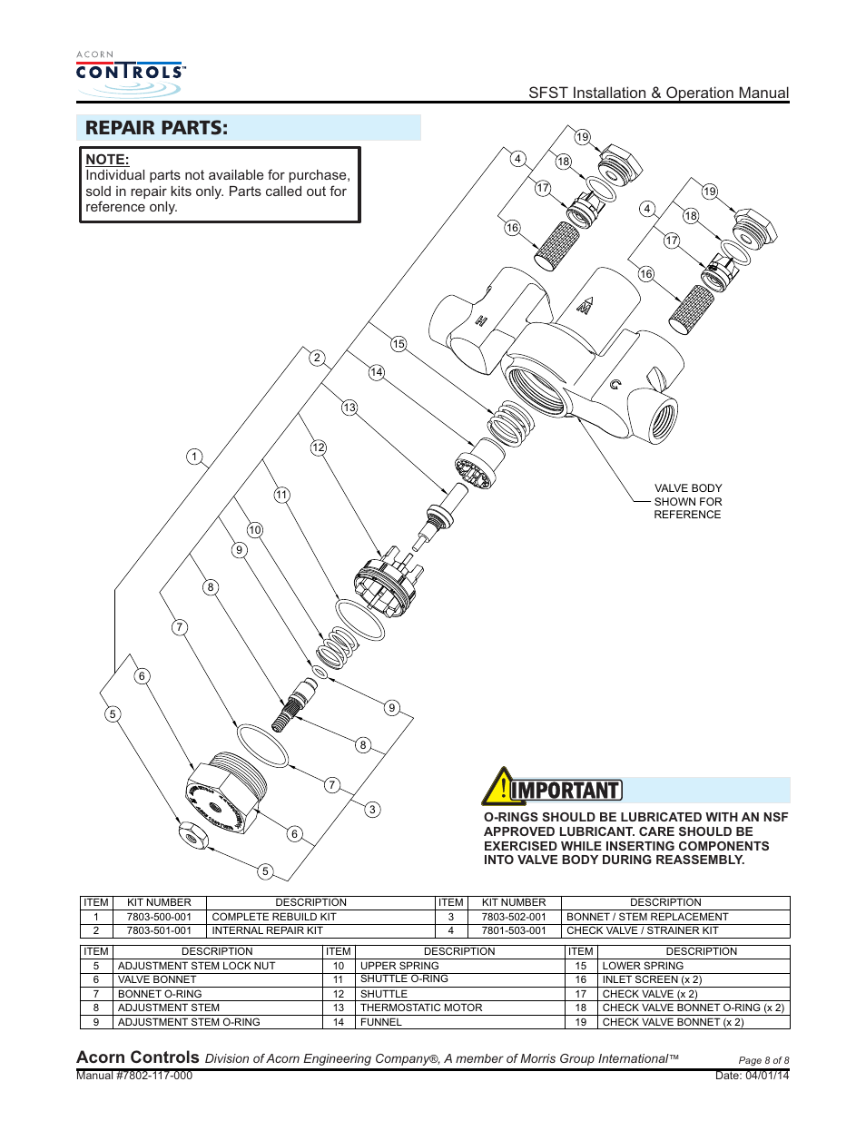 Important, Repair parts, Acorn controls | Sfst installation & operation manual | Acorn SFST VALVE User Manual | Page 8 / 8