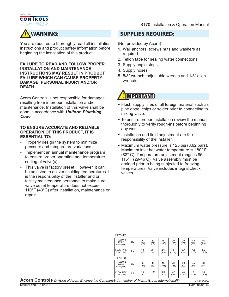 Important, Warning, Supplies required | Acorn controls, Flush supply lines of all foreign material such as, St70 installation & operation manual | Acorn ST70 VALVE User Manual | Page 2 / 5