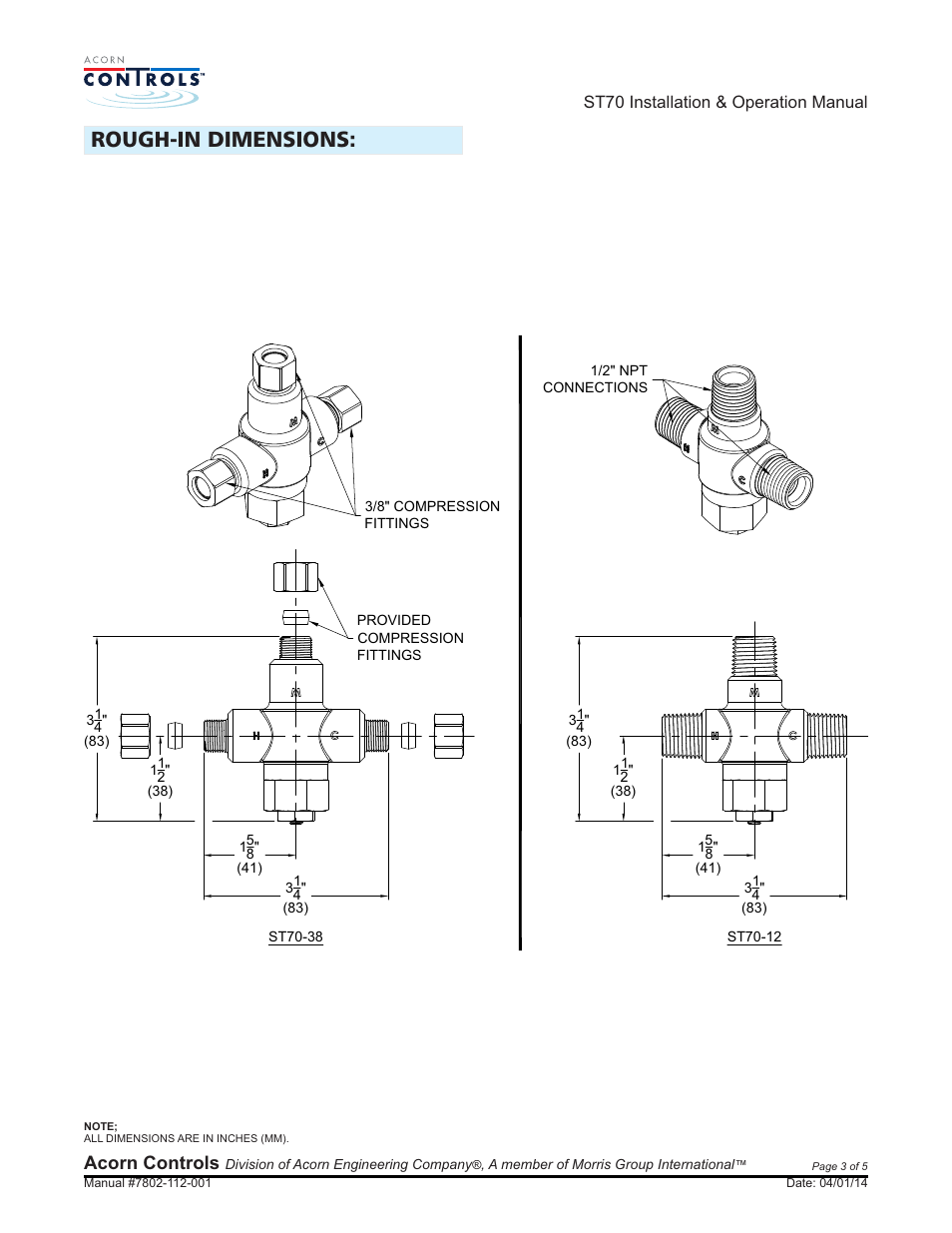 Rough-in dimensions, Acorn controls | Acorn ST70 VALVE User Manual | Page 3 / 5