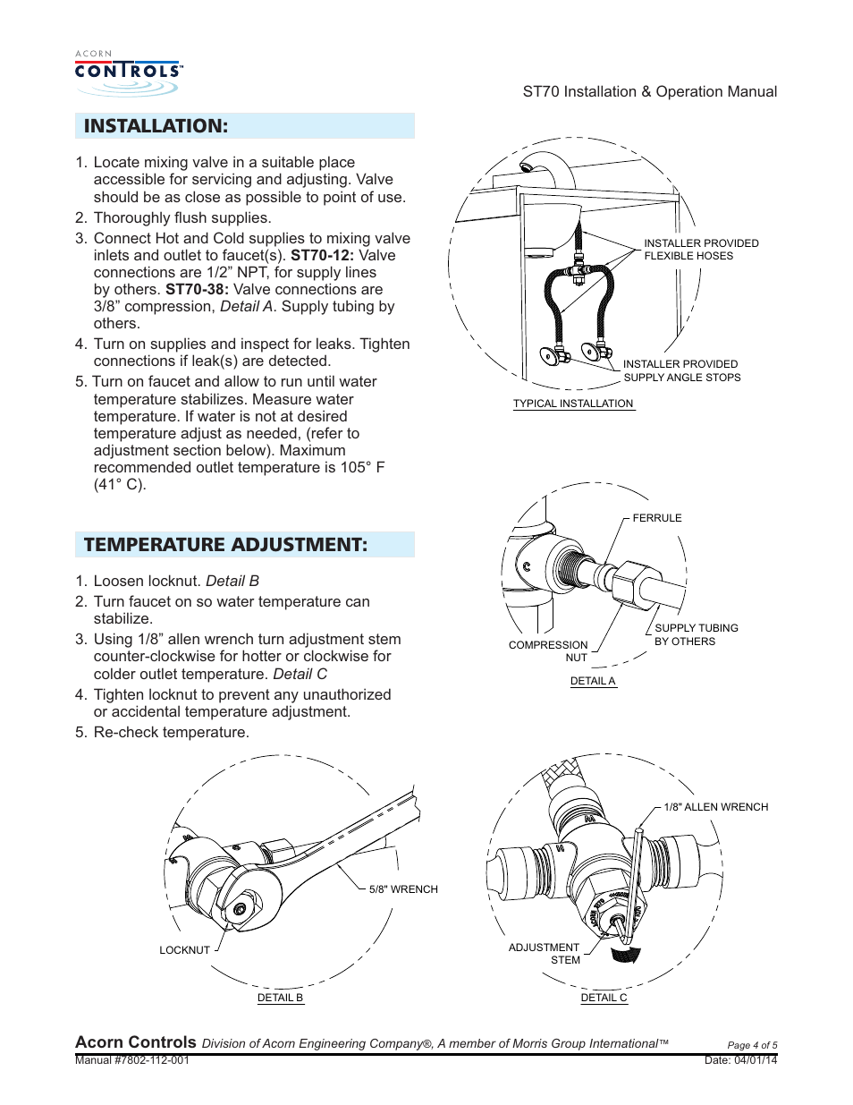 Installation: temperature adjustment, Acorn controls | Acorn ST70 VALVE User Manual | Page 4 / 5
