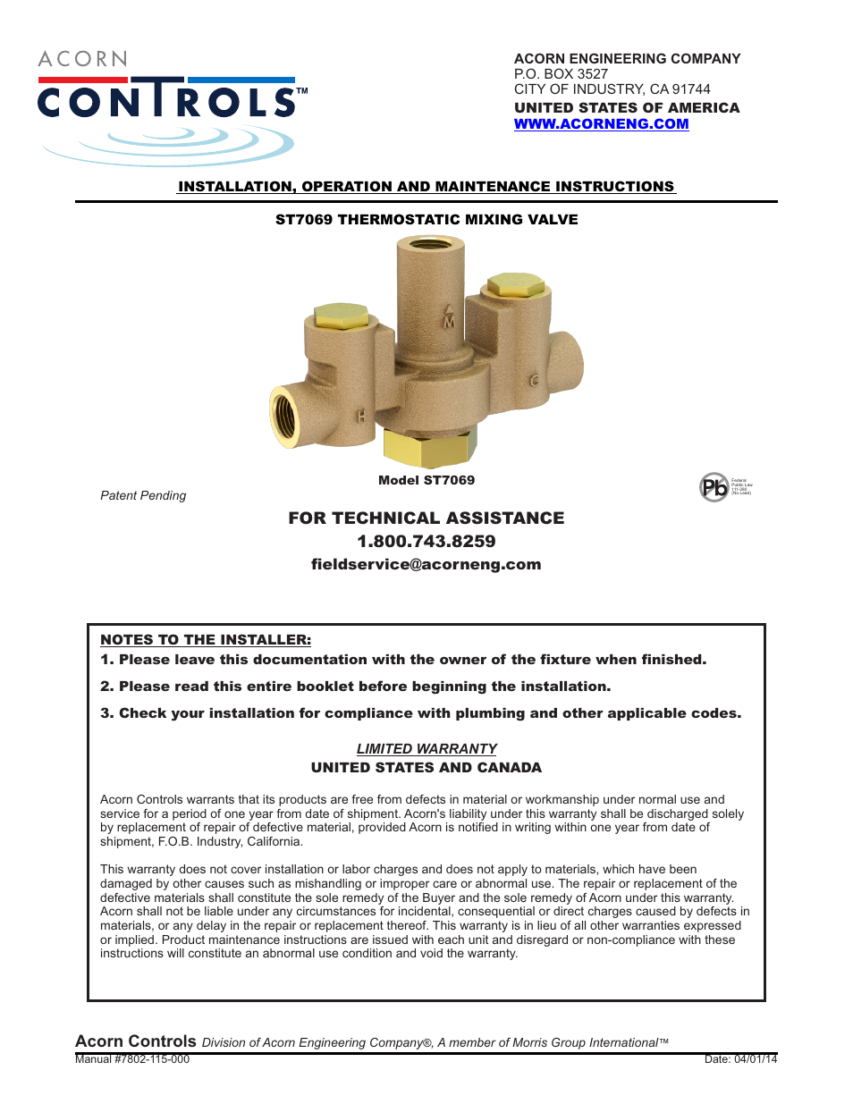 Acorn ST7069 VALVE User Manual | 7 pages