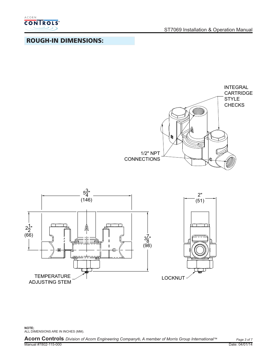 Rough-in dimensions | Acorn ST7069 VALVE User Manual | Page 3 / 7