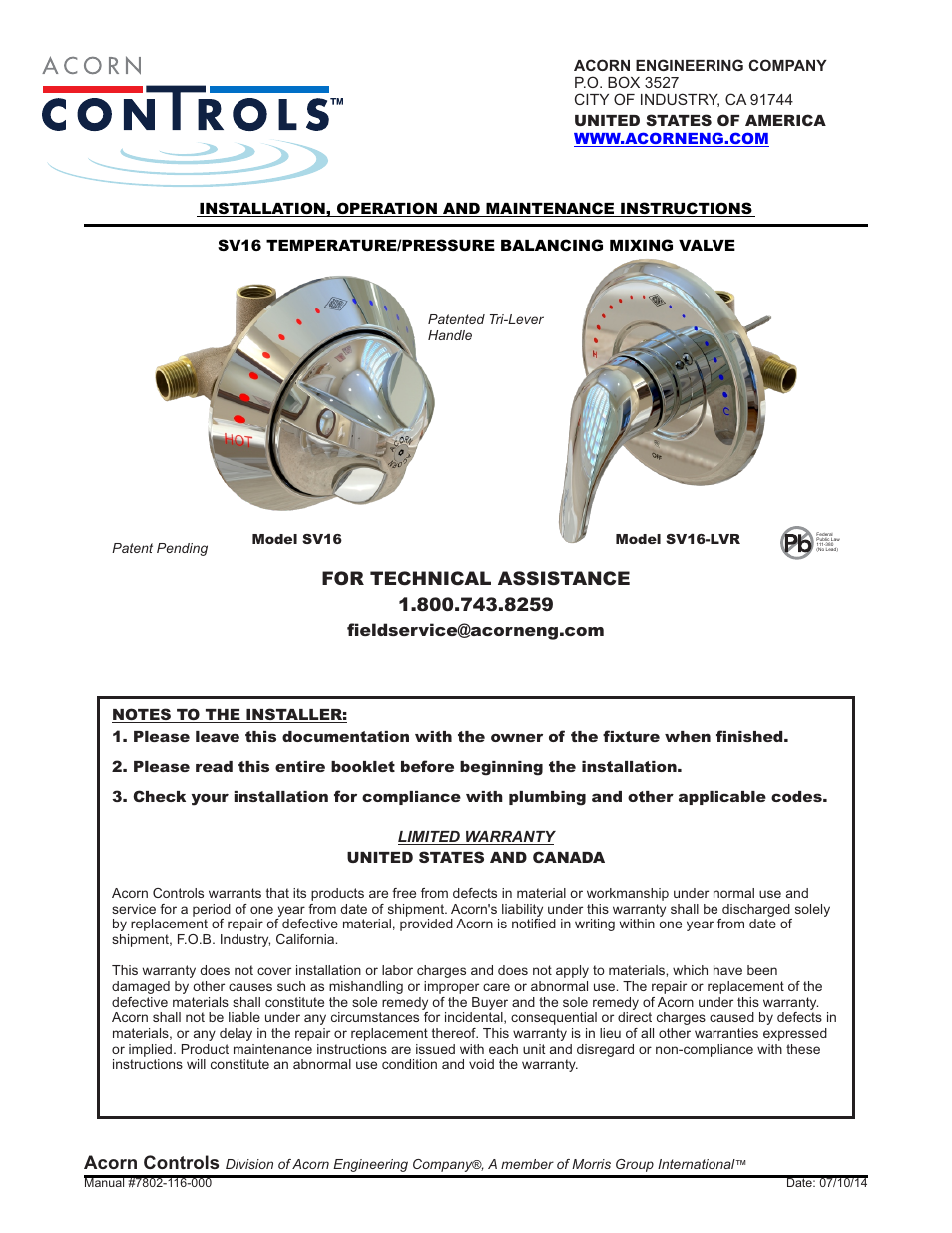 Acorn SV16 VALVE User Manual | 8 pages