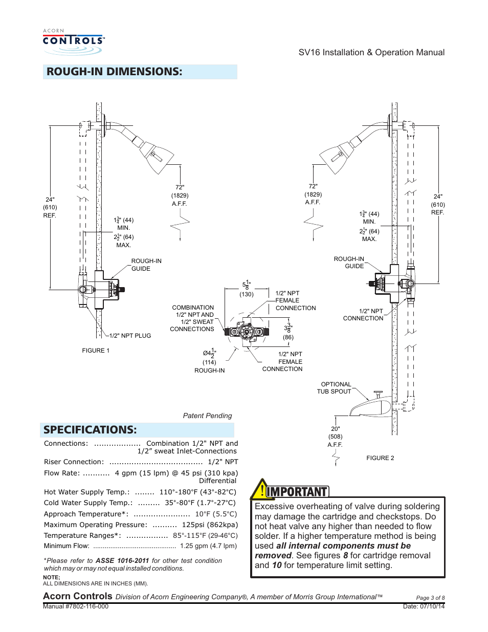 Important, Rough-in dimensions: specifications, Acorn controls | Sv16 installation & operation manual | Acorn SV16 VALVE User Manual | Page 3 / 8