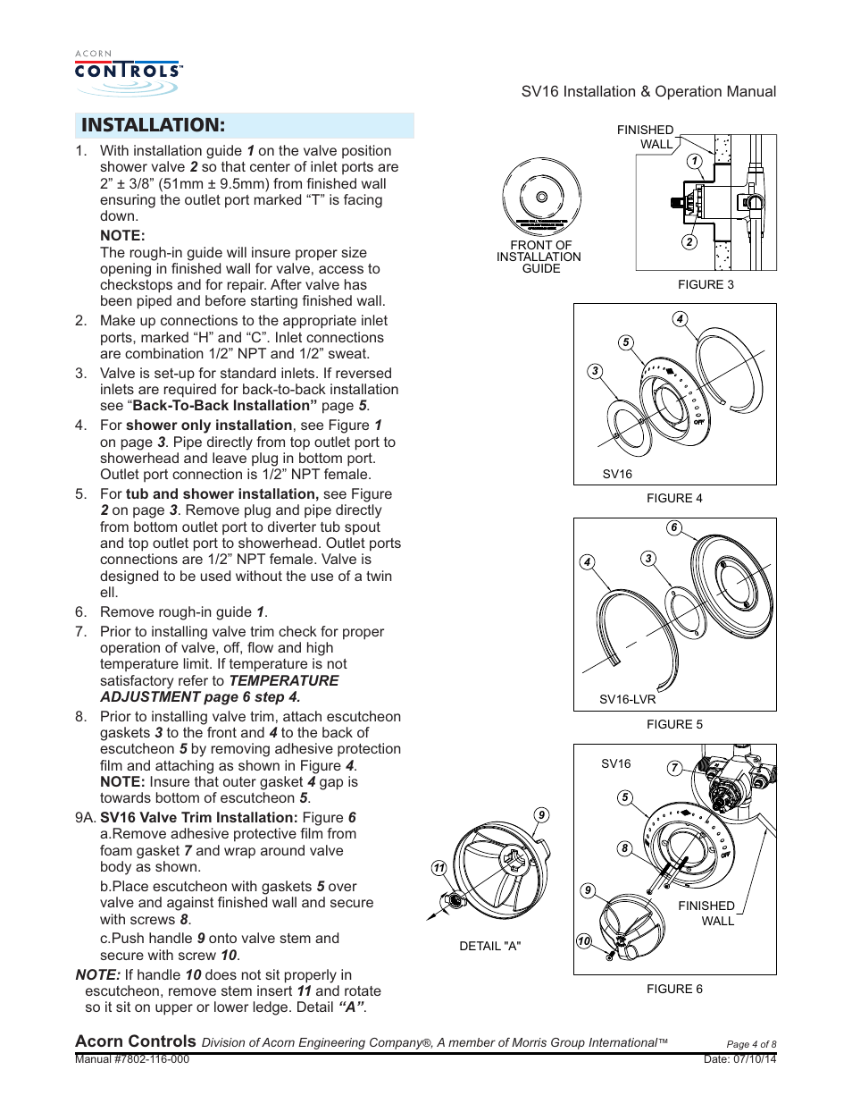 Installation, Acorn controls | Acorn SV16 VALVE User Manual | Page 4 / 8