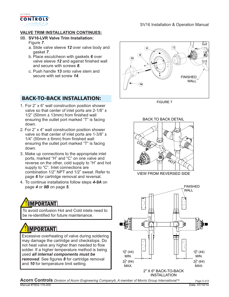 Important, Back-to-back installation | Acorn SV16 VALVE User Manual | Page 5 / 8