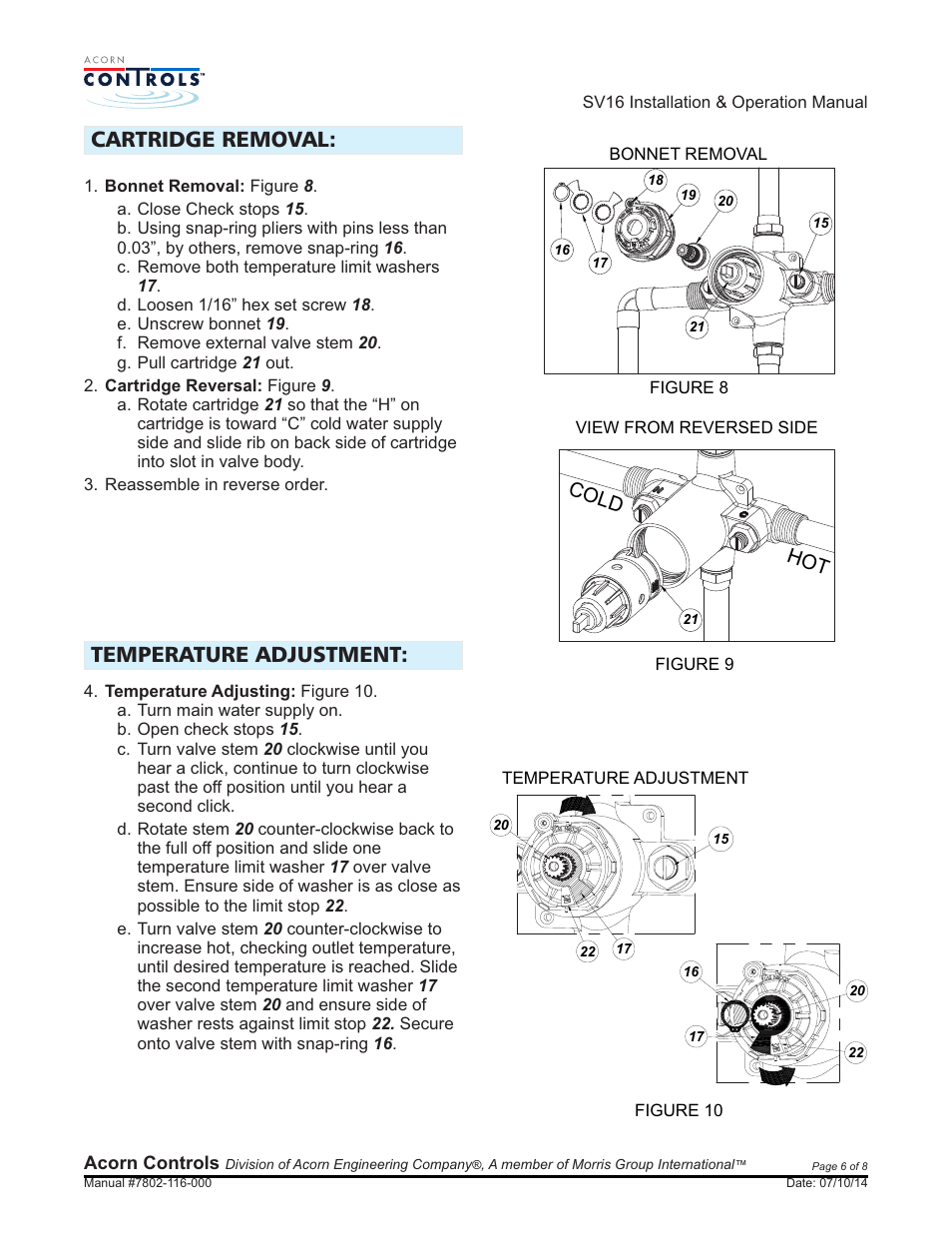 Cartridge removal, Temperature adjustment, Hot cold | Acorn SV16 VALVE User Manual | Page 6 / 8