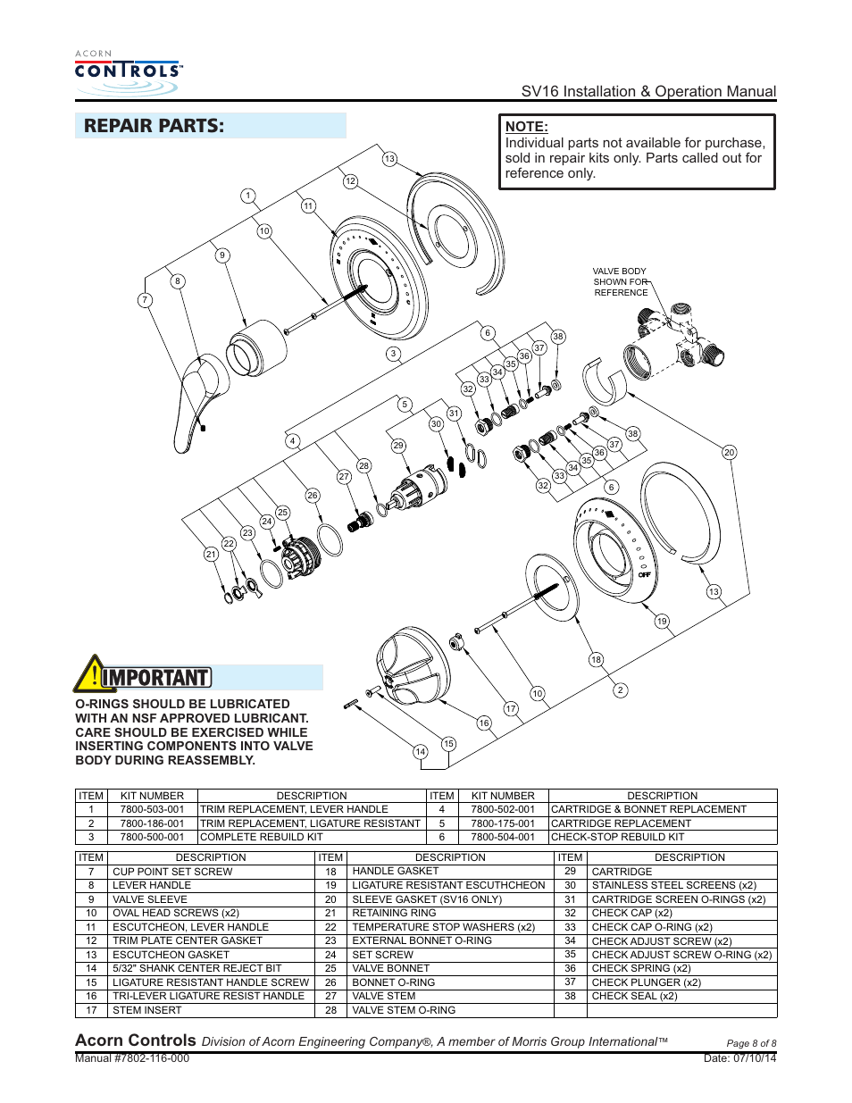 Important, Repair parts, Acorn controls | Sv16 installation & operation manual | Acorn SV16 VALVE User Manual | Page 8 / 8