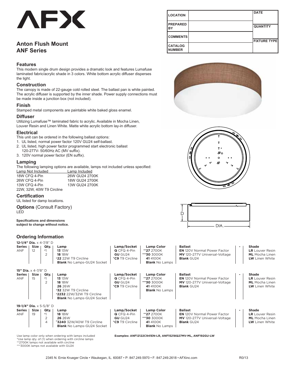 AFX ANF12213QEN-ML User Manual | 1 page