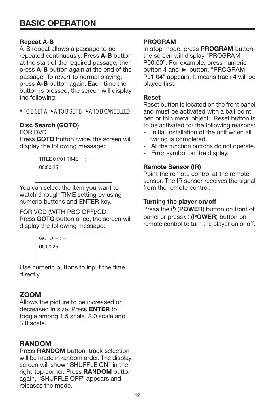 Basic operation, Zoom, Random | Audiovox MMDV2 User Manual | Page 12 / 22