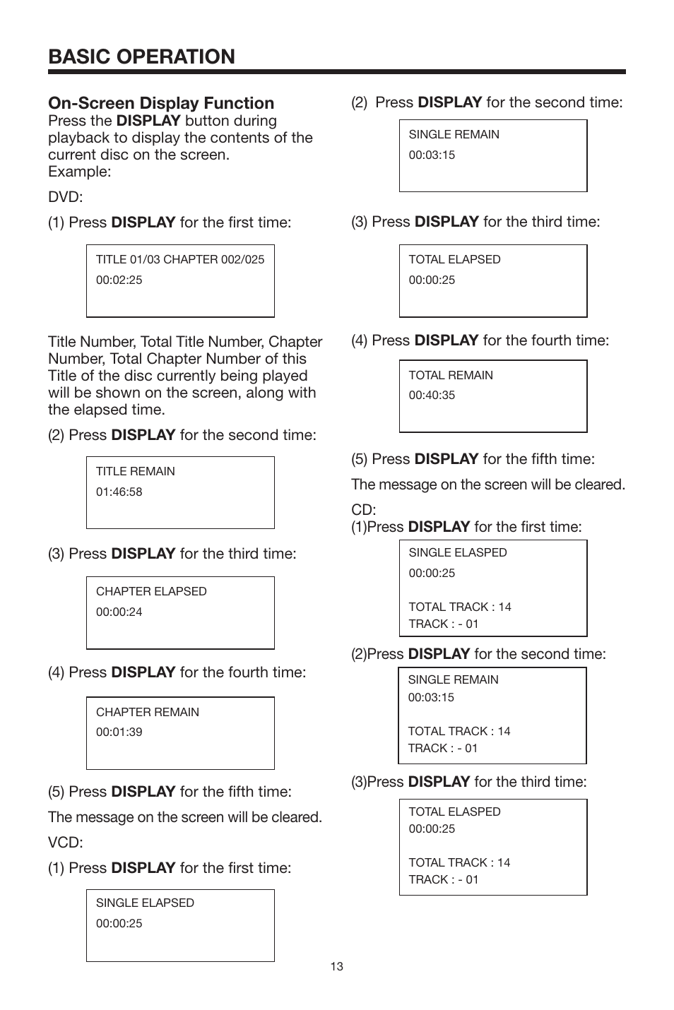 Basic operation, On-screen display function | Audiovox MMDV2 User Manual | Page 13 / 22